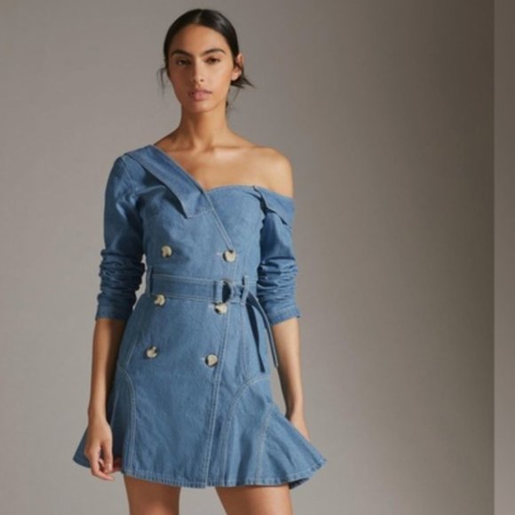 NEW Anthropologie Atsu One-Shoulder Denim Jean Utility Mini Dress - Picture 1 of 5